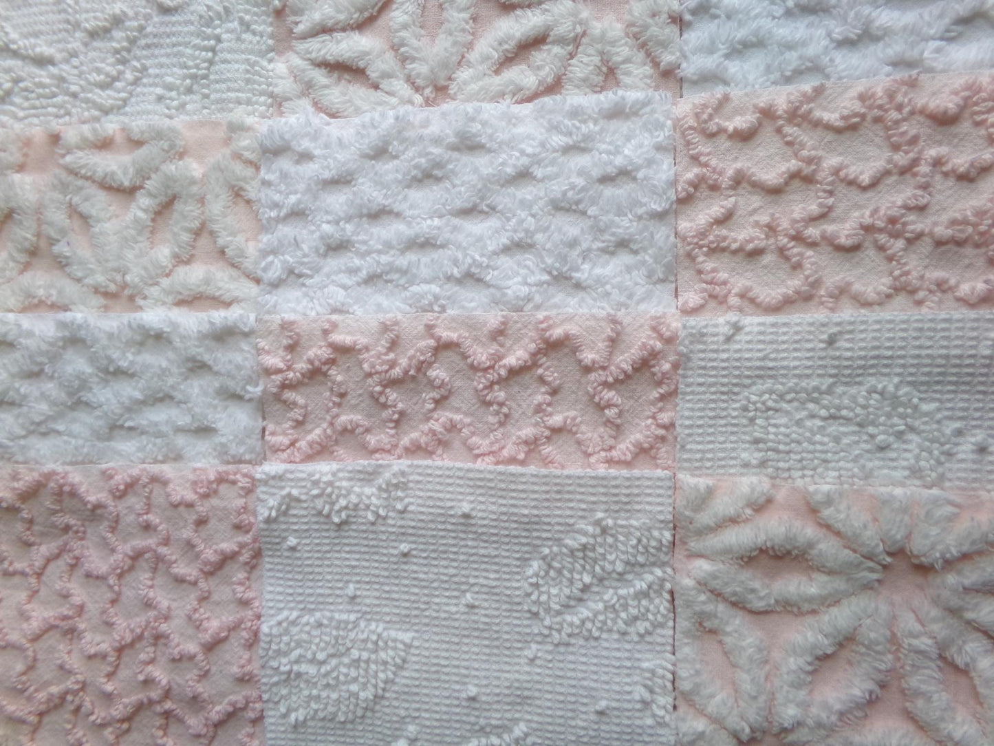 pink & white vintage 6" chenille squares, set of 12 quilt blocks in a lovely selection of popular patterns for sewing, crafts