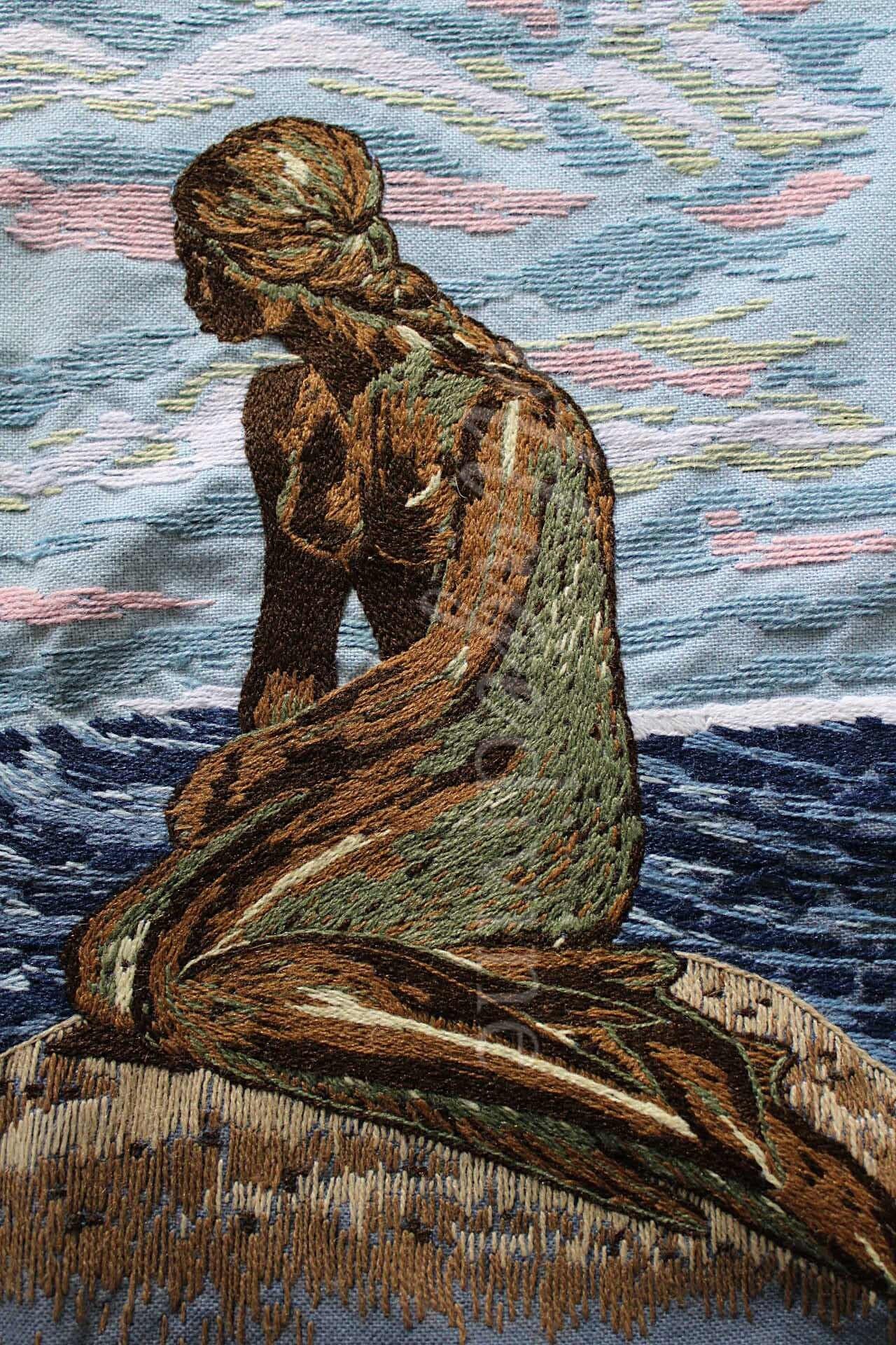 Vintage THE MERMAID Finished 1970s Embroidery Piece, Completed Paragon Crewel Stitchery 0411, Adele Veres