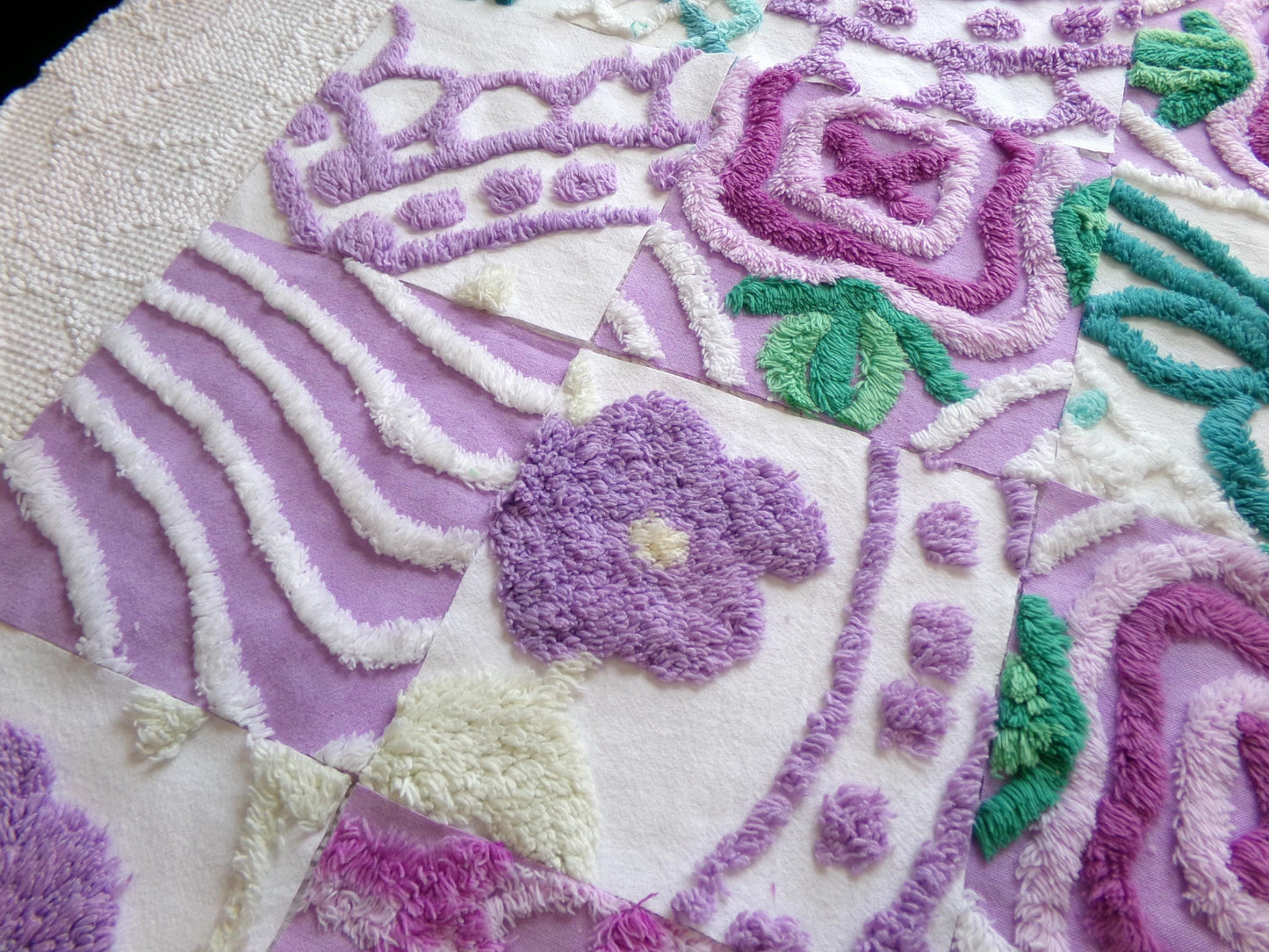 vintage chenille fabric squares: set of 16 lavender & lilacs, teal white cotton 6" quilt blocks