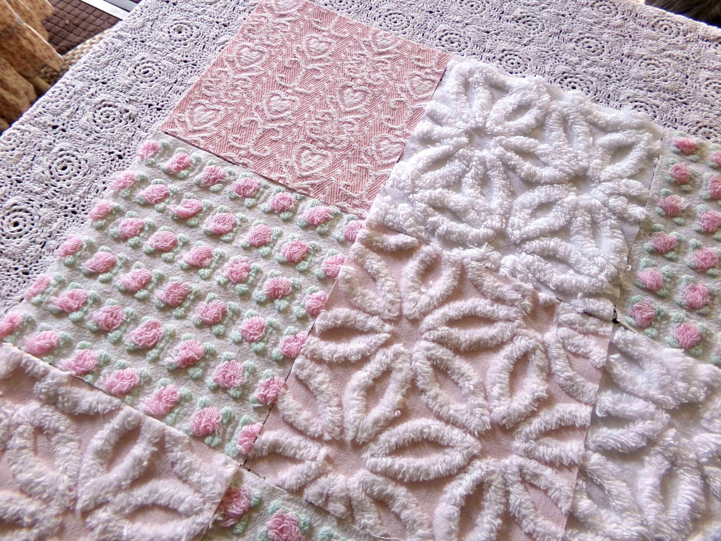 Pink Mix Vintage Woven & Chenille Fabric Squares, Daisy, Rosebud, Hearts Quilt Square Set, 16 Blocks 6" x 6" inch for Pillows, Doll Blankets