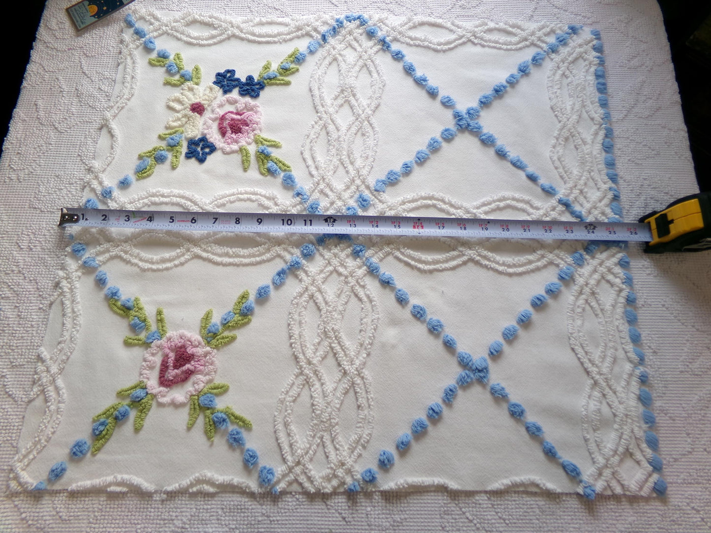 classic shabby style vintage chenille fabric, needletuft florals, blue pops, white cotton material, 22" x 24" piece for sewing, quilting