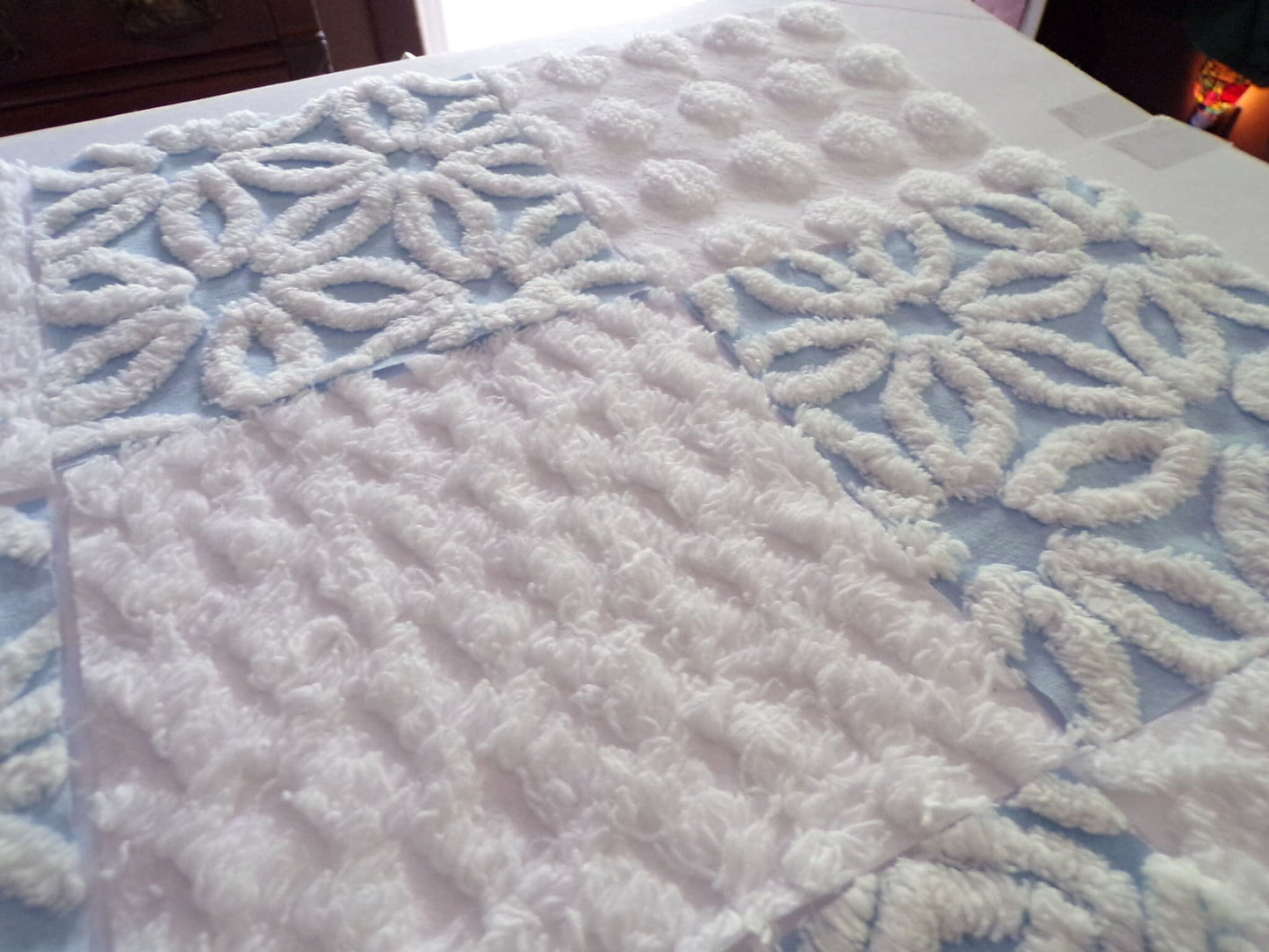 Coastal Classics Quilt Squares Set, from Vintage Chenille Bedspread Fabric, 16 Blocks, 6" x 6" inch, Fluffy Plush Blue & White