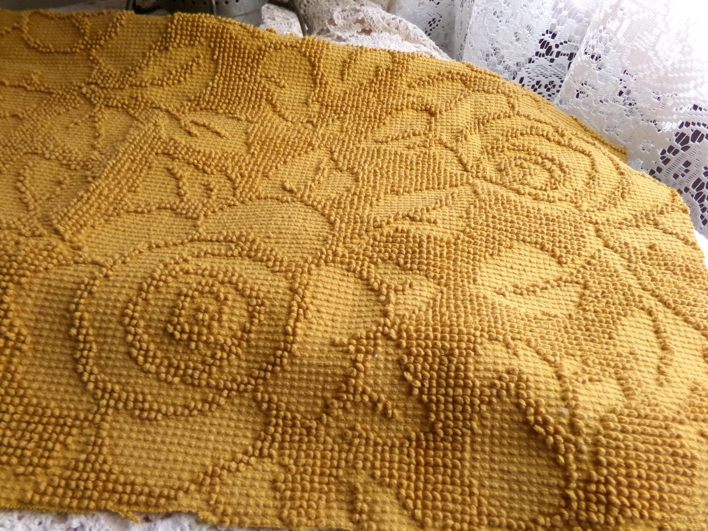 boho rose hobnail chenille fabric, vintage saturated retro harvest gold woven sewing material with pom pom trim 20" x 24" inch reversible pc
