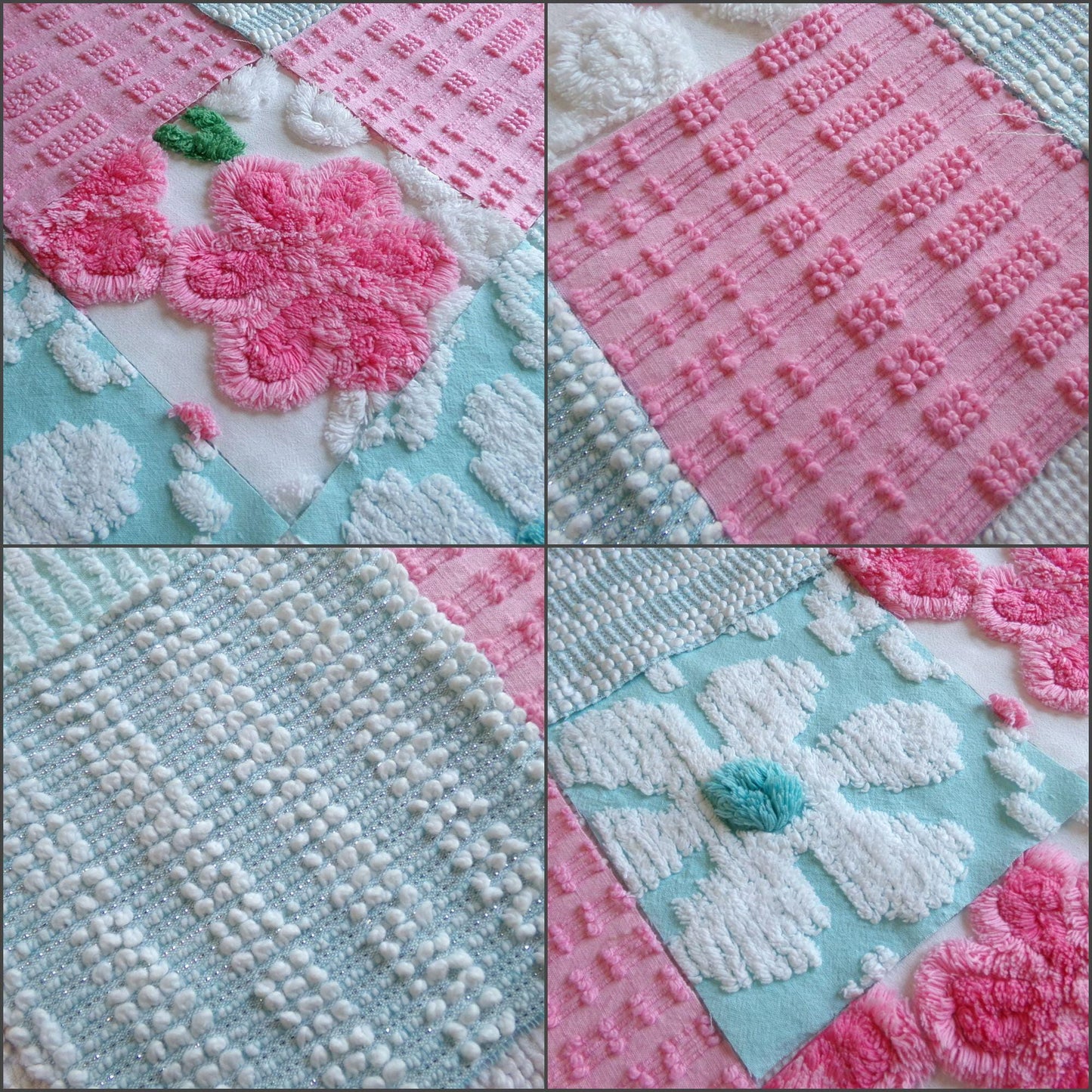 spring waltz vintage 6" chenille squares, set of 16 pink & aqua quilt blocks rotary cut from vintage chenille bedspread fabrics