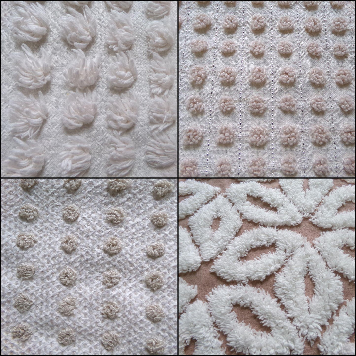 contemporary neutral chenille fabric squares, set of 4 texturized vintage large quilt blocks 12" inches ea, dots & daisies