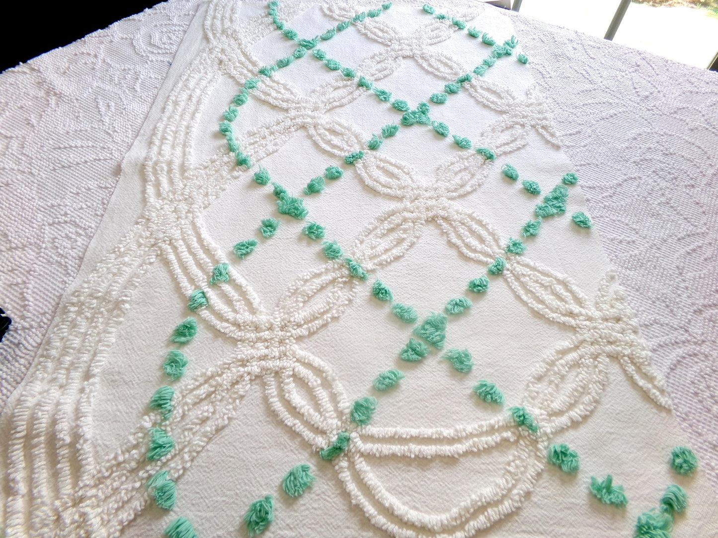 elegant ivory jade vintage chenille fabric, 17" x 26" piece of geometric dot sewing material