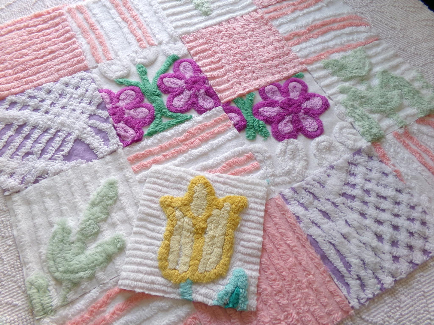 springtime mix 6" chenille squares, peach, white & purple set of 17 craft quilt blocks cut from vintage chenille bedspread fabrics