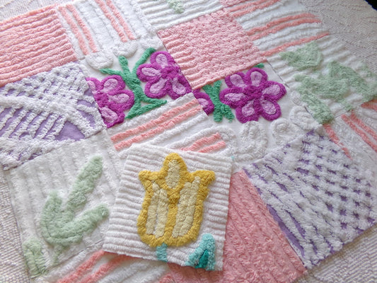 springtime mix 6" chenille squares, peach, white & purple set of 17 craft quilt blocks cut from vintage chenille bedspread fabrics