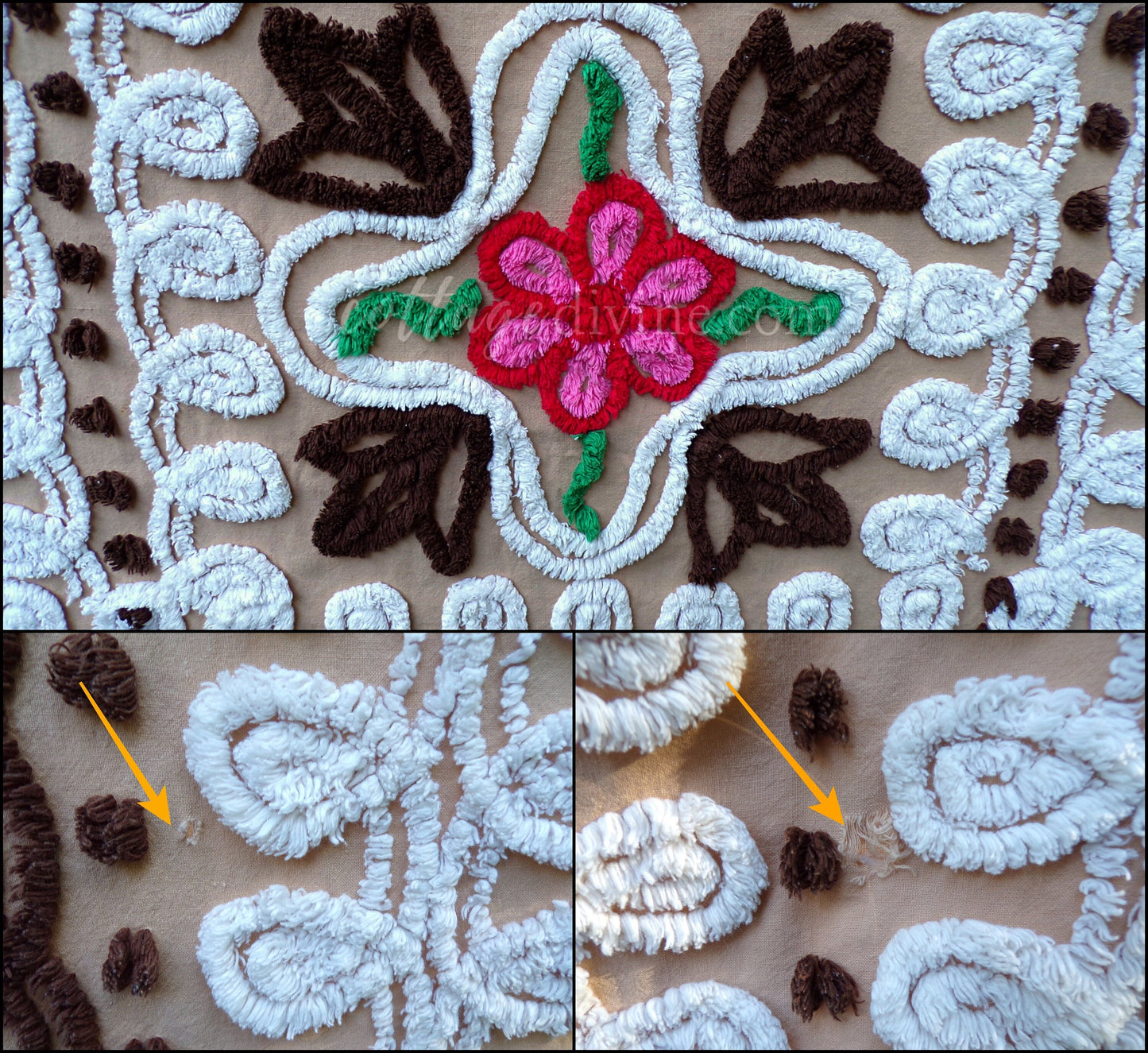Boho Vintage Chenille Bedspread, Pink Roses on Cocoa Brown, Full Size Cotton Bedding