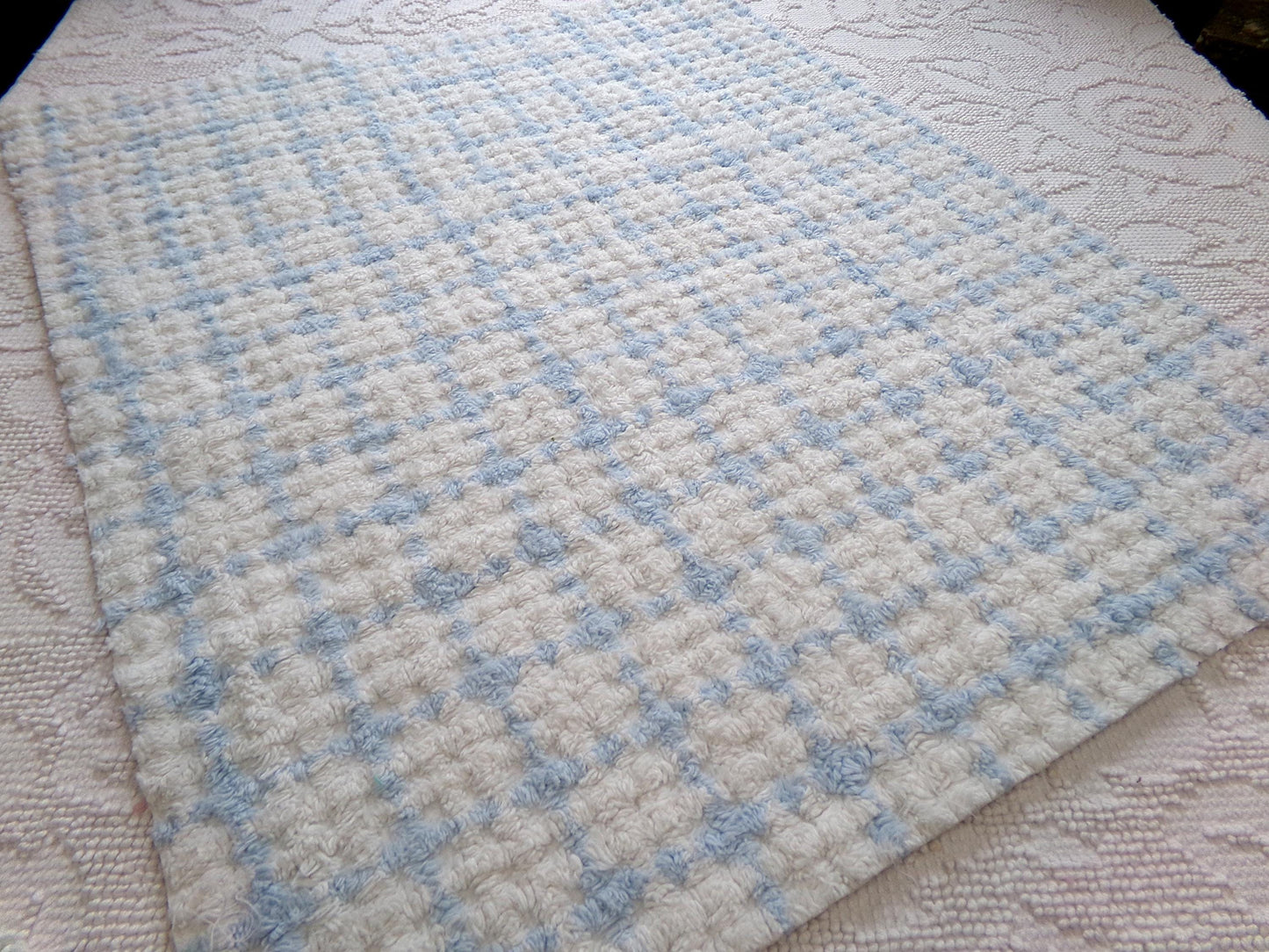 blue & white check vintage chenille fabric, cottage style plaid design, 20" x 24" cut piece for quilting, pillows