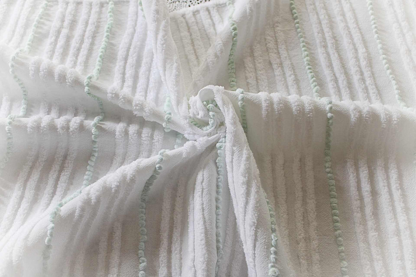 Mint Green Pearl Pops Vintage Chenille Quilt Fabric, White Skinny Stripes, 17" x 23" inch Piece, 100% Cotton