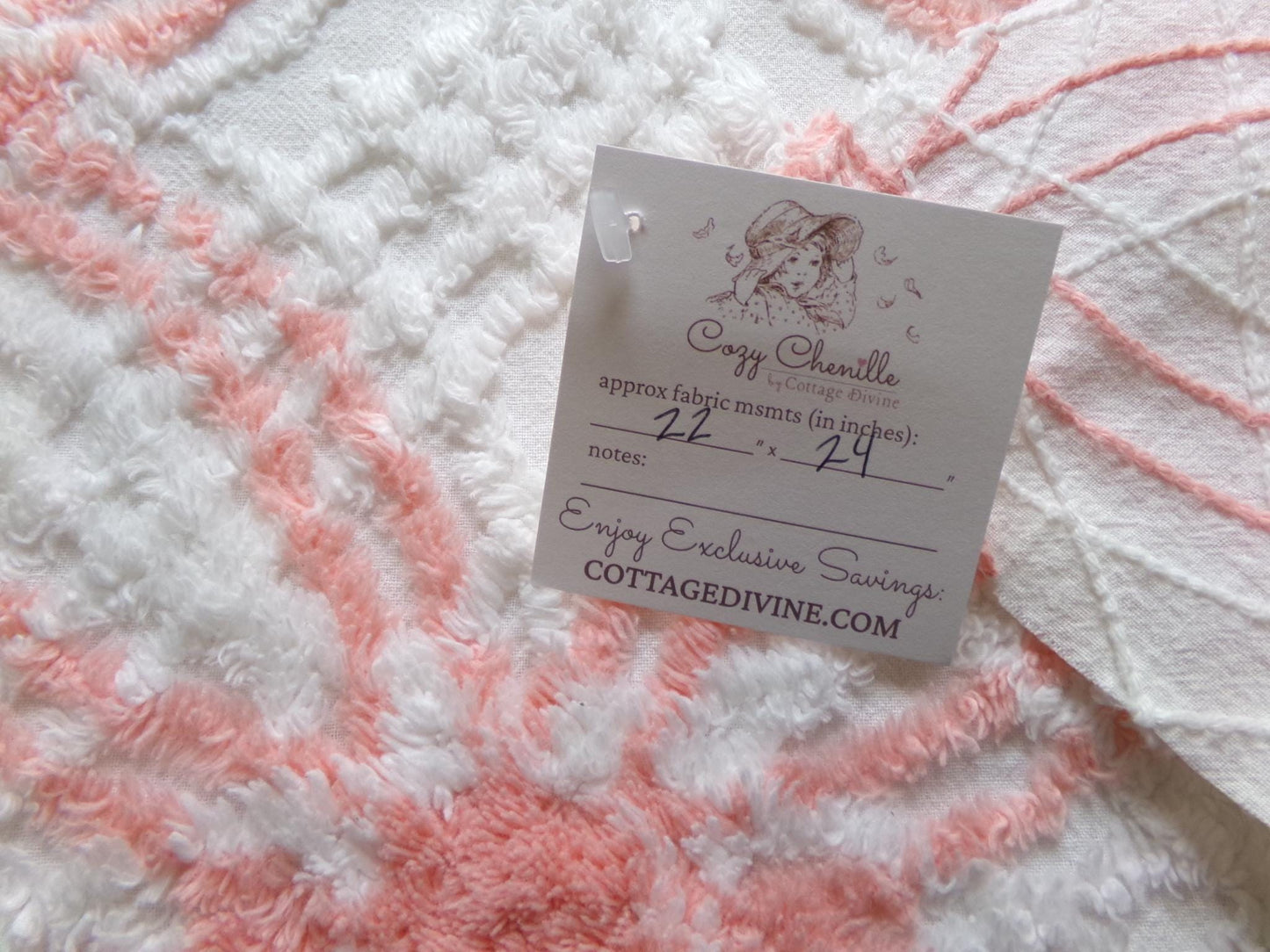 vintage chenille fabric in peachy white geometric design, 22" x 24" piece of lightweight cotton sewing & quilt material