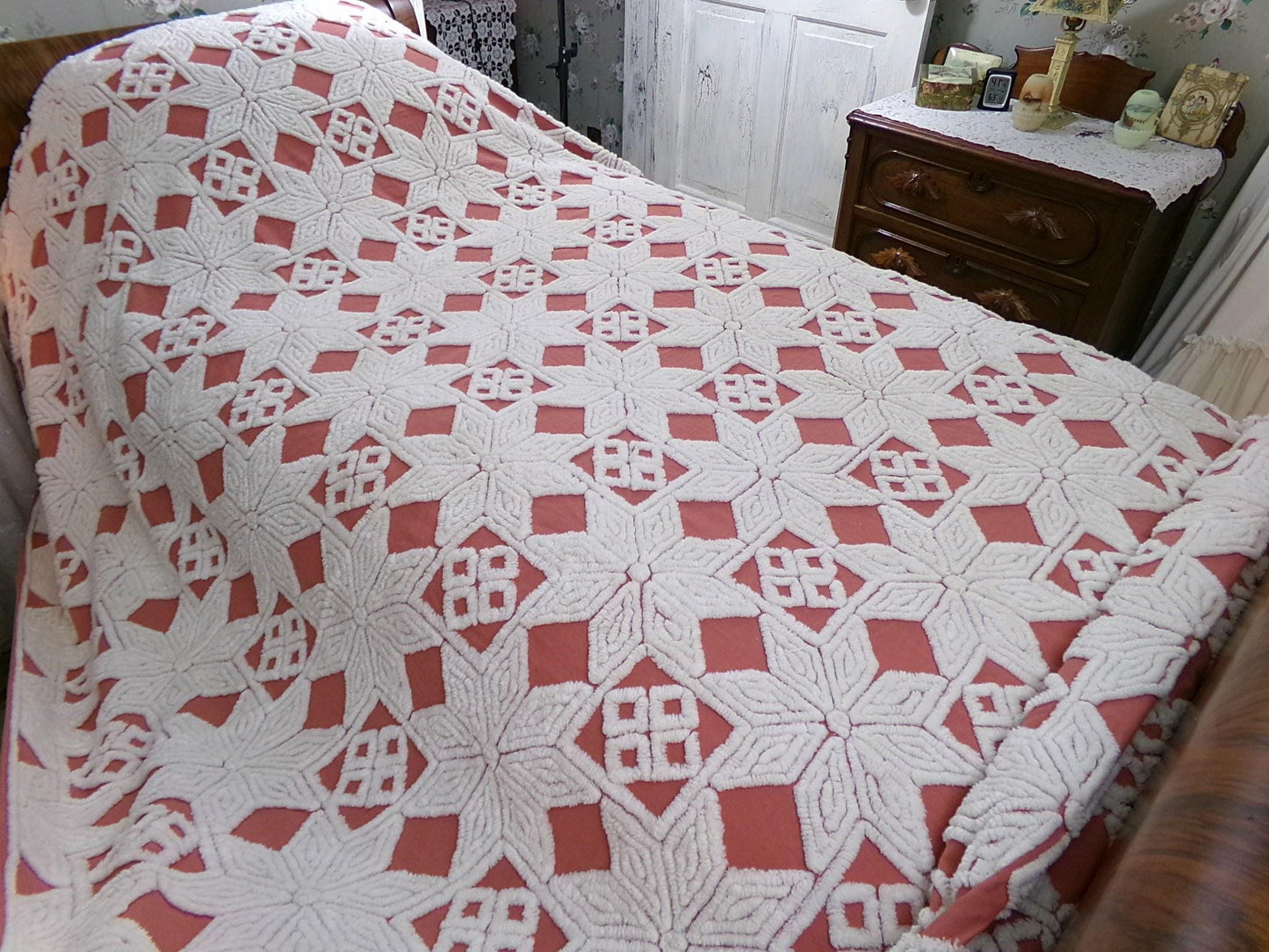 Modern Boho Terracotta Chenille Bedspread, Rustic Eight Point Star Vintage Quilt Style Design, Full Size Country Bedding