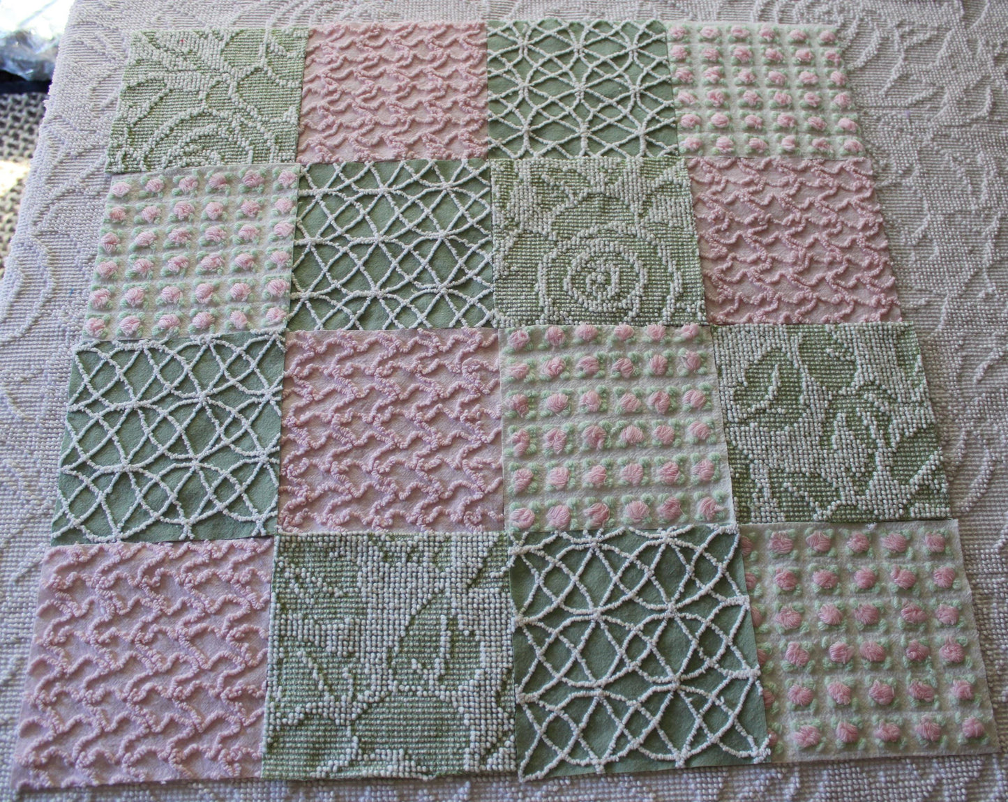 rosy romance chenille fabric squares, set of 16 vintage quilt blocks 6" inches ea, squiggle, hobnail, rosebud texture in jade & pink rose