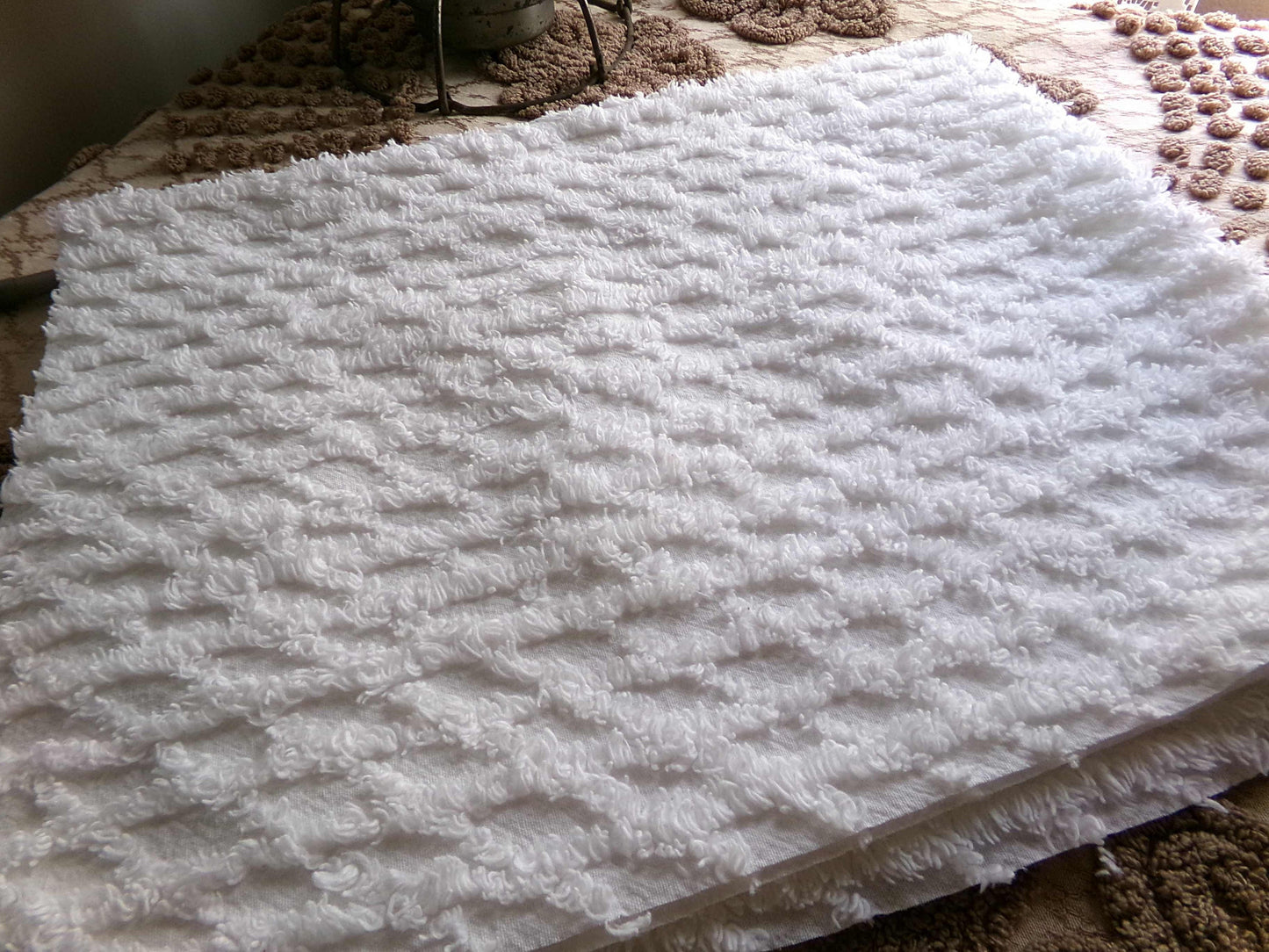 White Lattice Vintage Chenille Fabric, Simple Diamond Design, 18" x 24" inches Piece, 100% Cotton