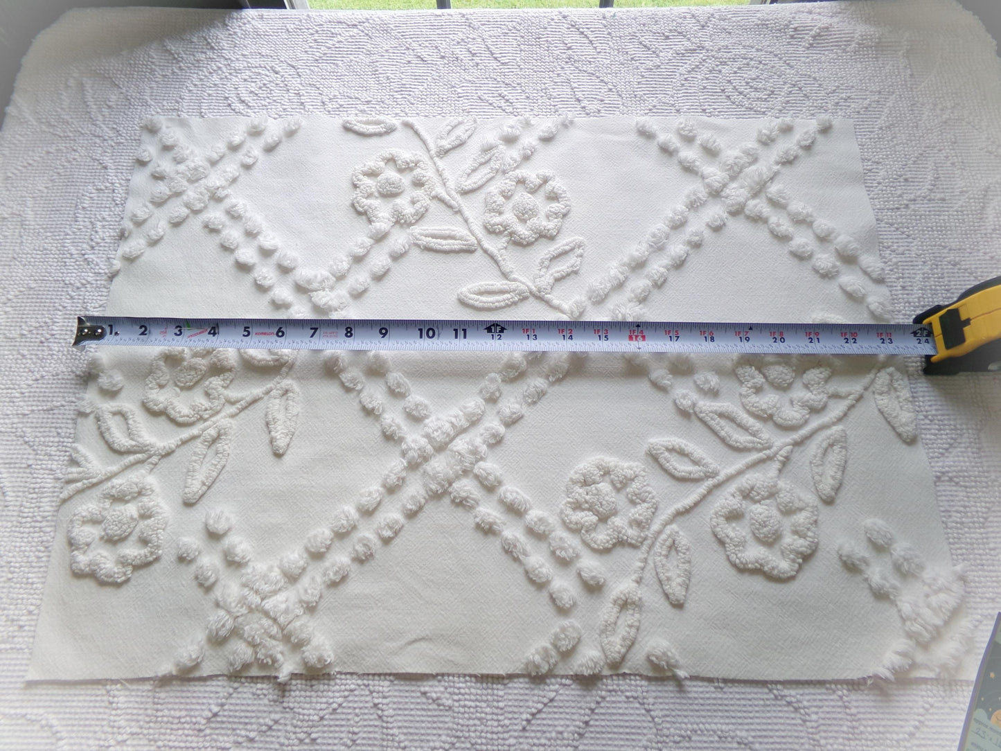Vintage White Floral Chenille Fabric: Farmhouse Style 23" x 16" Cut Piece