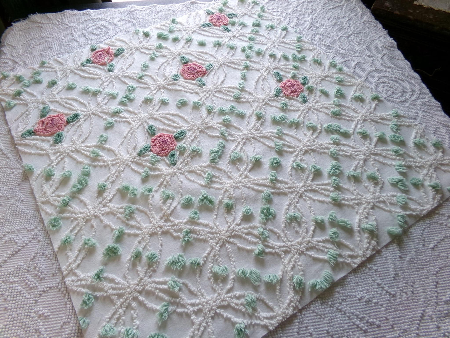 Cottage Life Vintage Chenille Fabric, 23" x 25" Piece, Beautiful Pink Roses Nested in White Wedding Rings with Mint Green Pops