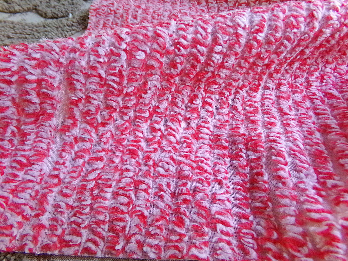 Peppered Red & White Skinny Stripes Fabric from Vintage Chenille Bedspread, 12" x 18" inch Piece, Fun and Festive