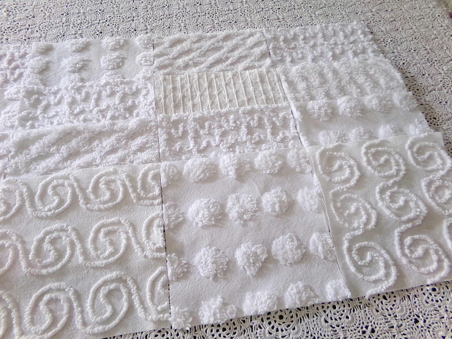 serene snowfall vintage chenille fabric squares, set of 16 white 6" quilt blocks, upcycle in handmade quilts, sewing projects