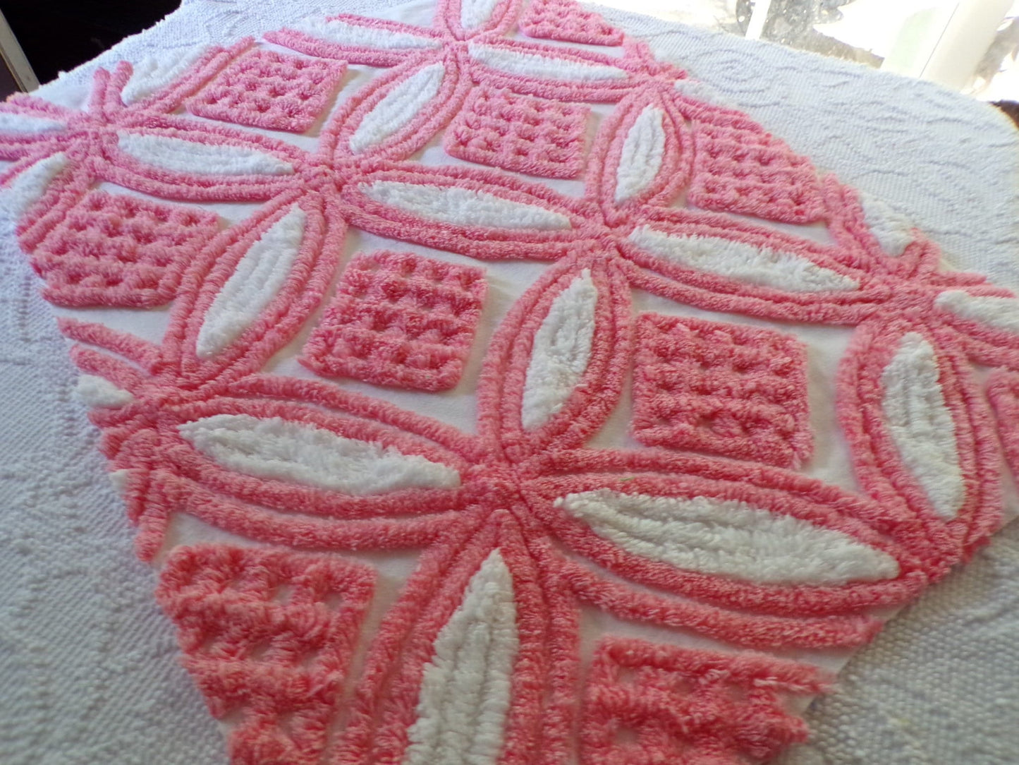 Super Plush Pink & White Chenille Fabric, 18" x 24"-inch Piece, Geometric Print, Vintage 100% Cotton