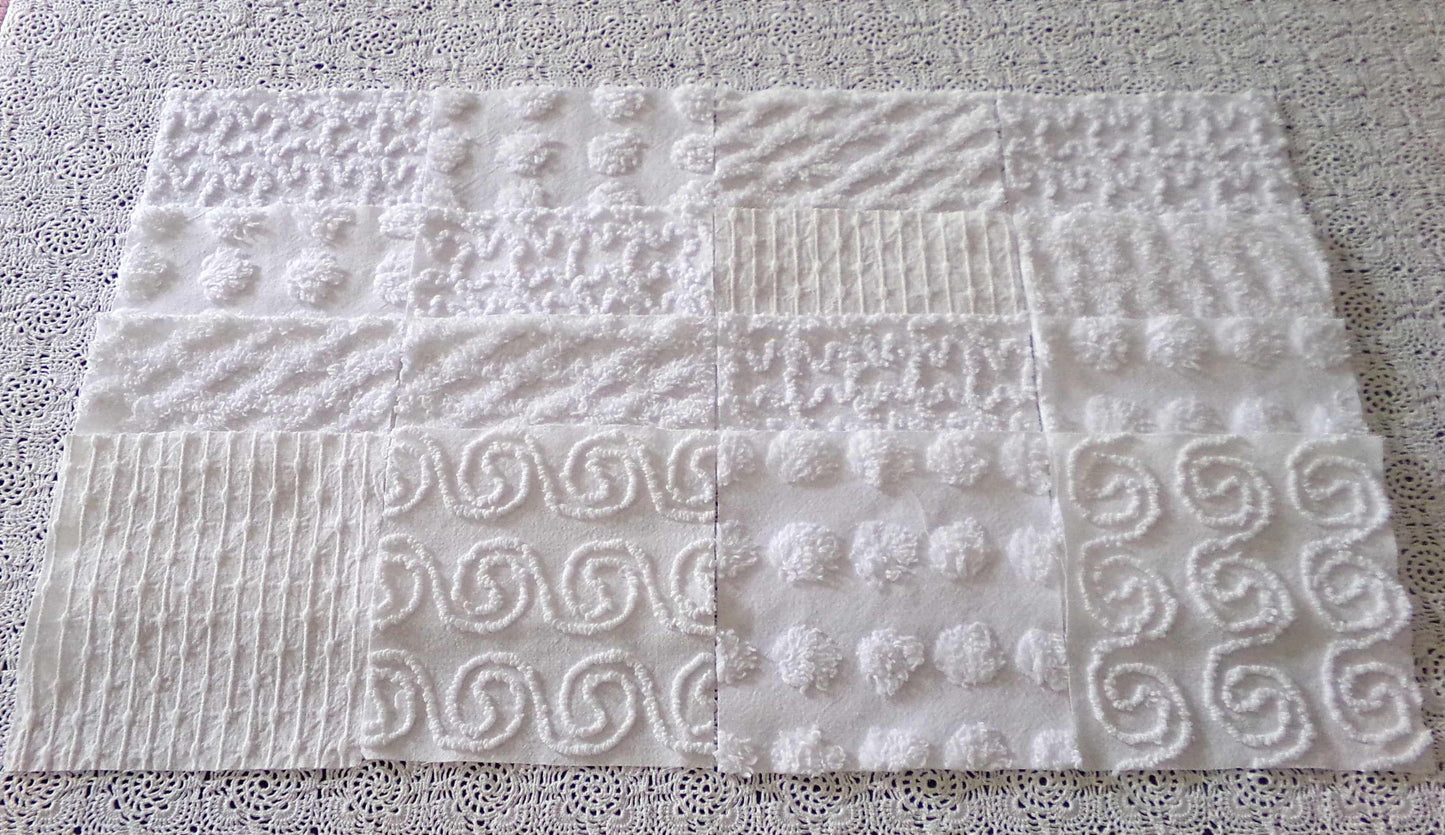 serene snowfall vintage chenille fabric squares, set of 16 white 6" quilt blocks, upcycle in handmade quilts, sewing projects
