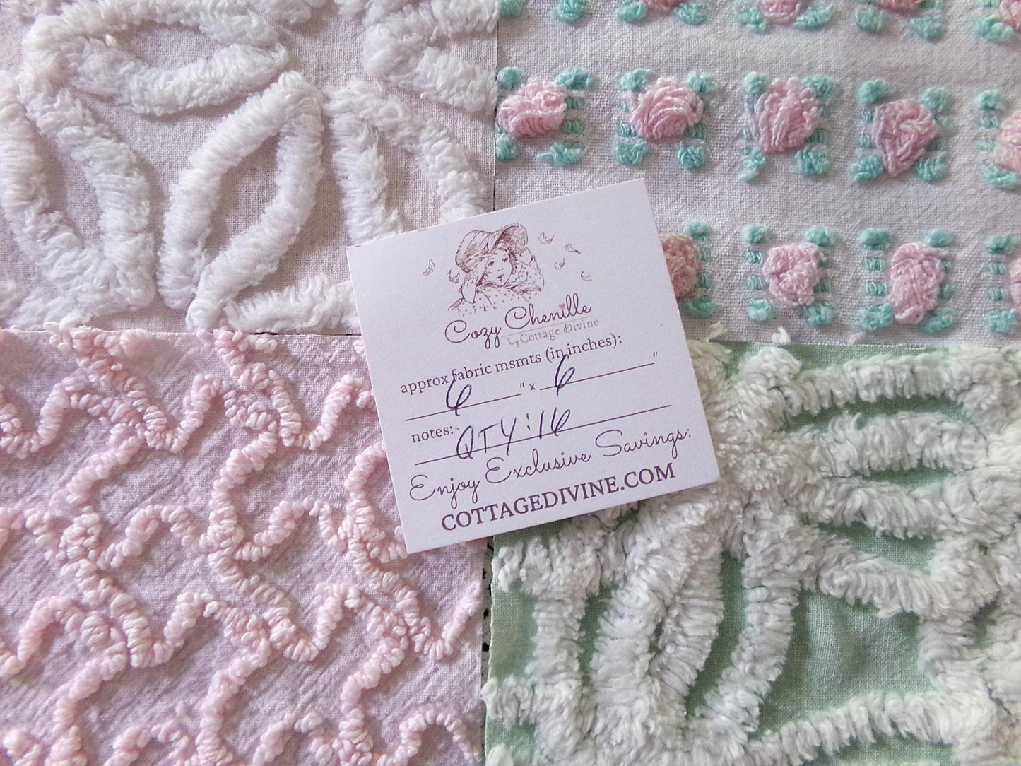 Chenille Squares Set, "Flower Petals," 16 Vintage Fabric Quilt Blocks, 6" inch in White Daisy, Pink Rosebud, Mint Green, Squiggles