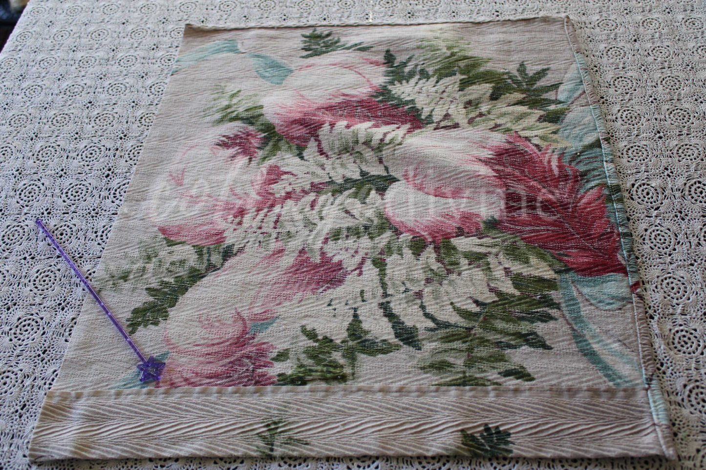 Heavenly Feather Pink Plume Vintage Barkcloth Fabric, 19" x 16" inch Piece, Botanical Floral Print on Cool Grey, Great for DIY Pillows