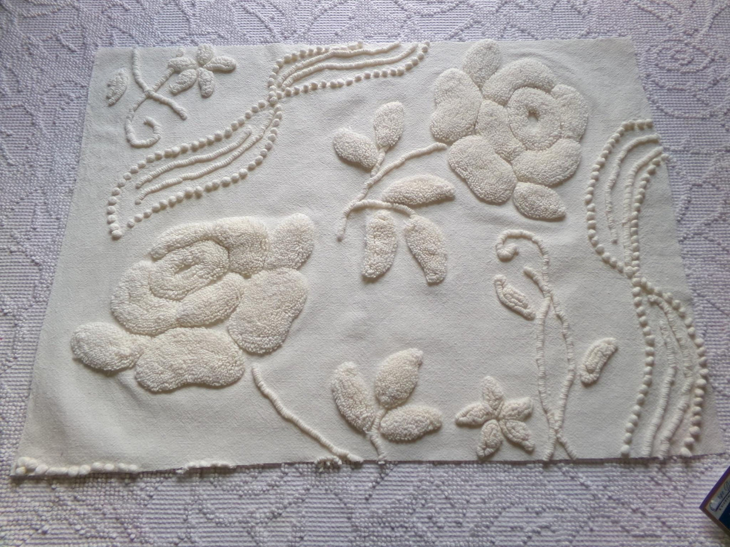 ivory rose vintage chenille fabric, vintage cotton 15" x 21" cut piece with sprawling stylized roses for quilting crafts and sewing