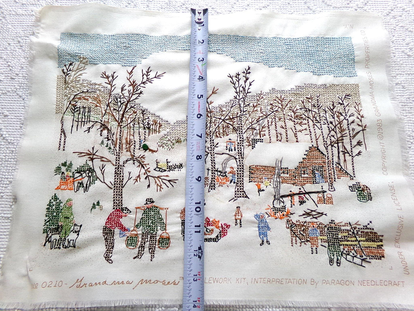 Grandma Moses SUGARING OFF Completed Cross Stitch Embroidery Paragon Stitchery 0210 - Rustic Country Winter Scene