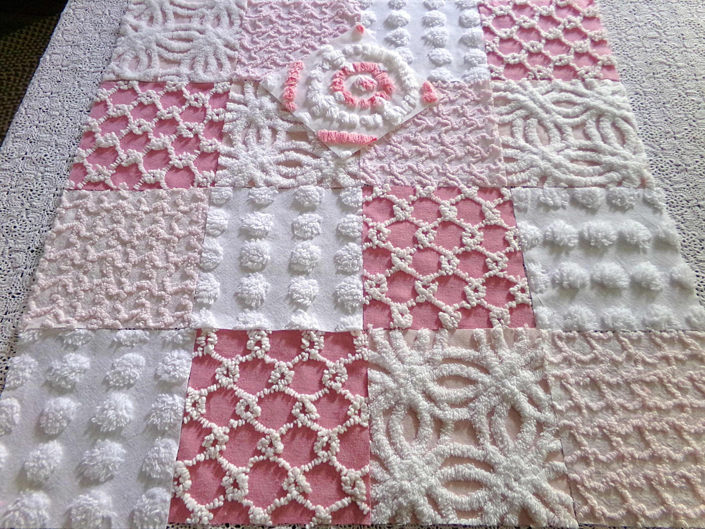Spunky Pink Quilt Squares Set from Vintage Chenille Bedspread Fabric, 17 Blocks, 6" x 6" inch