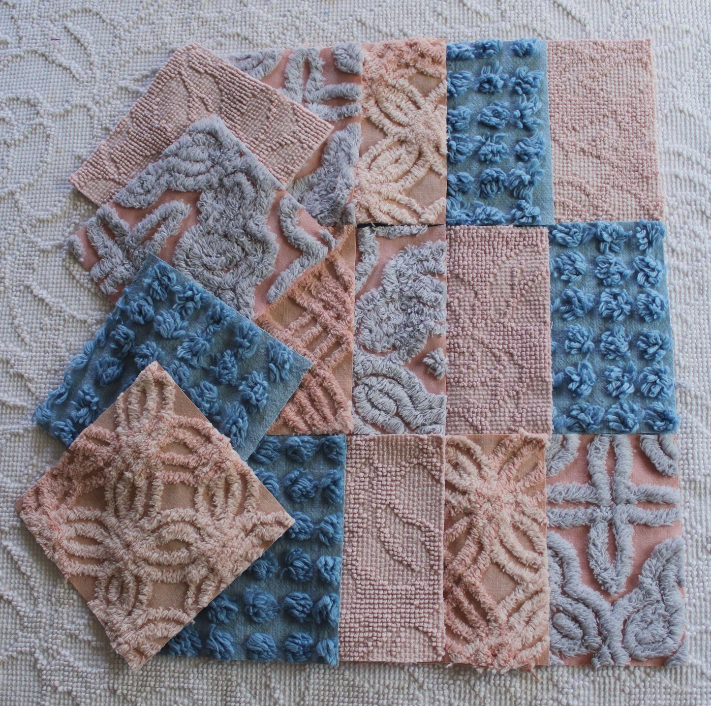 starry twilight chenille fabric squares, set of 16 vintage quilt blocks 6" inches ea, dreamy serene blue, rose mist, pink shades