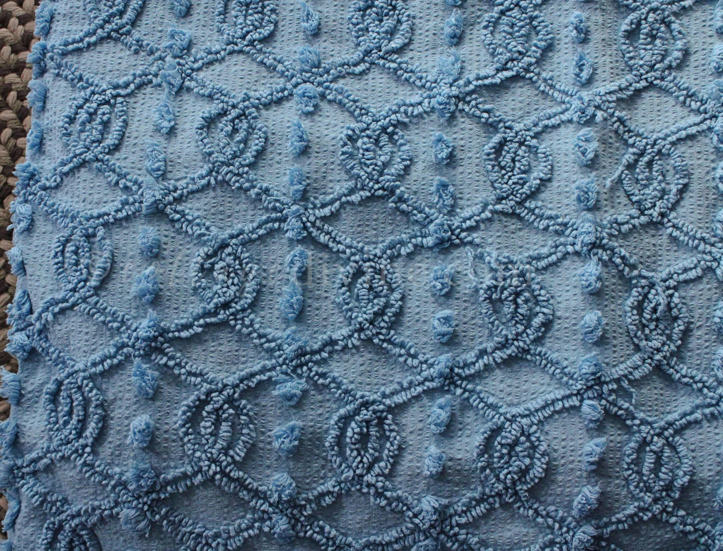 Unique Blue Eternity Link Chenille Seersucker Fabric, Vintage 20" x 24" inch Piece of Sewing Material, Needletuft Geometric Pops Design