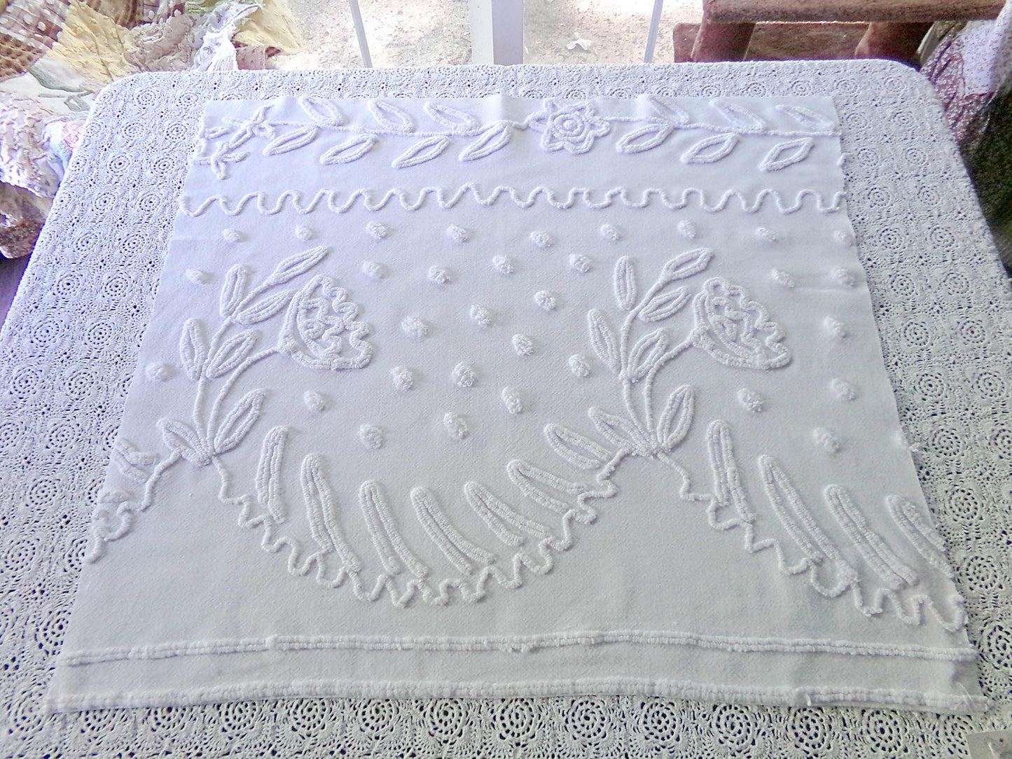 Farmhouse Floral White Vintage Chenille Fabric, 20" x 23" inch Piece, Timeless & Elegant