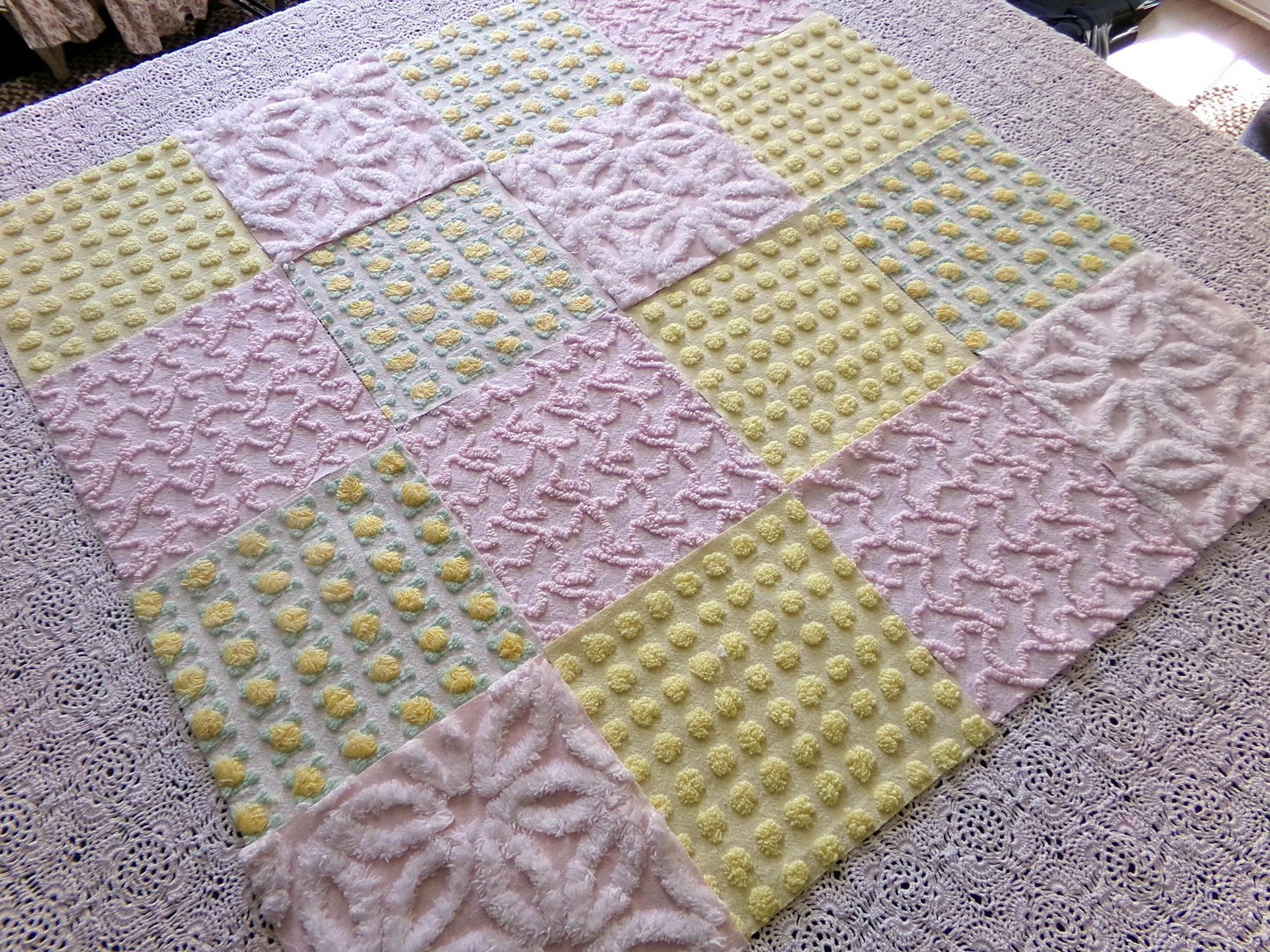 Spring Dance Chenille Quilt Squares, Cheerful Craft Square Set from Vintage Bedspread Fabric, 16 Blocks, 6" x 6" inch, Pink & Yellow