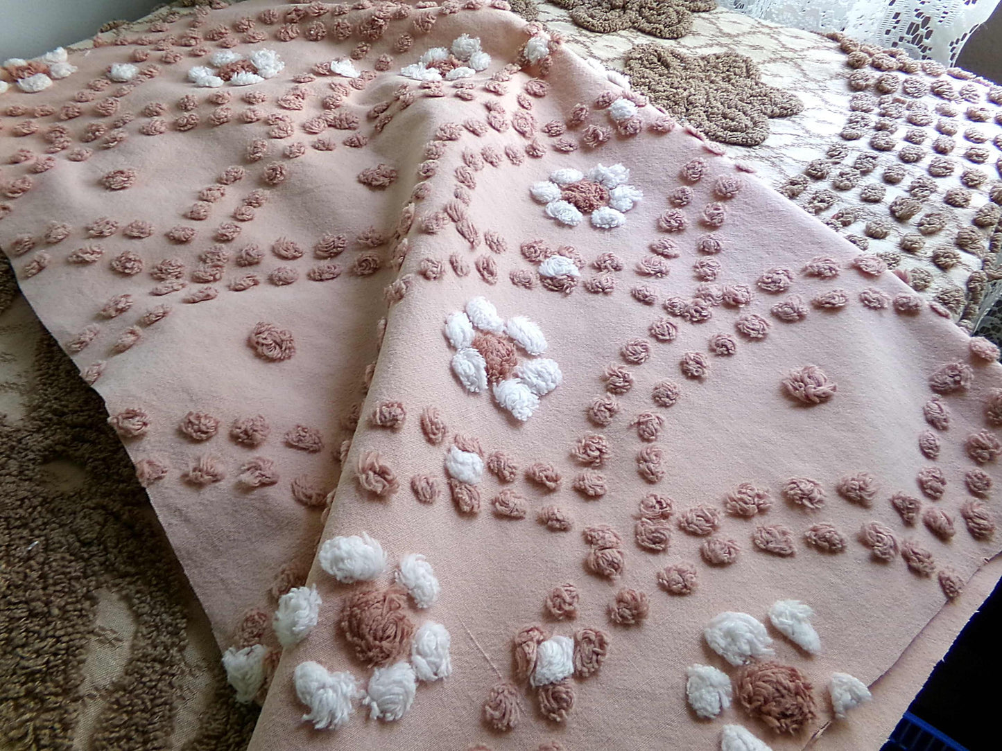 Hippie Daisy Vintage Chenille Fabric, 23" x 20" Cut Piece, 100% Cotton Handmade Sewing Material, Great Boho Design for Quilts & Crafts
