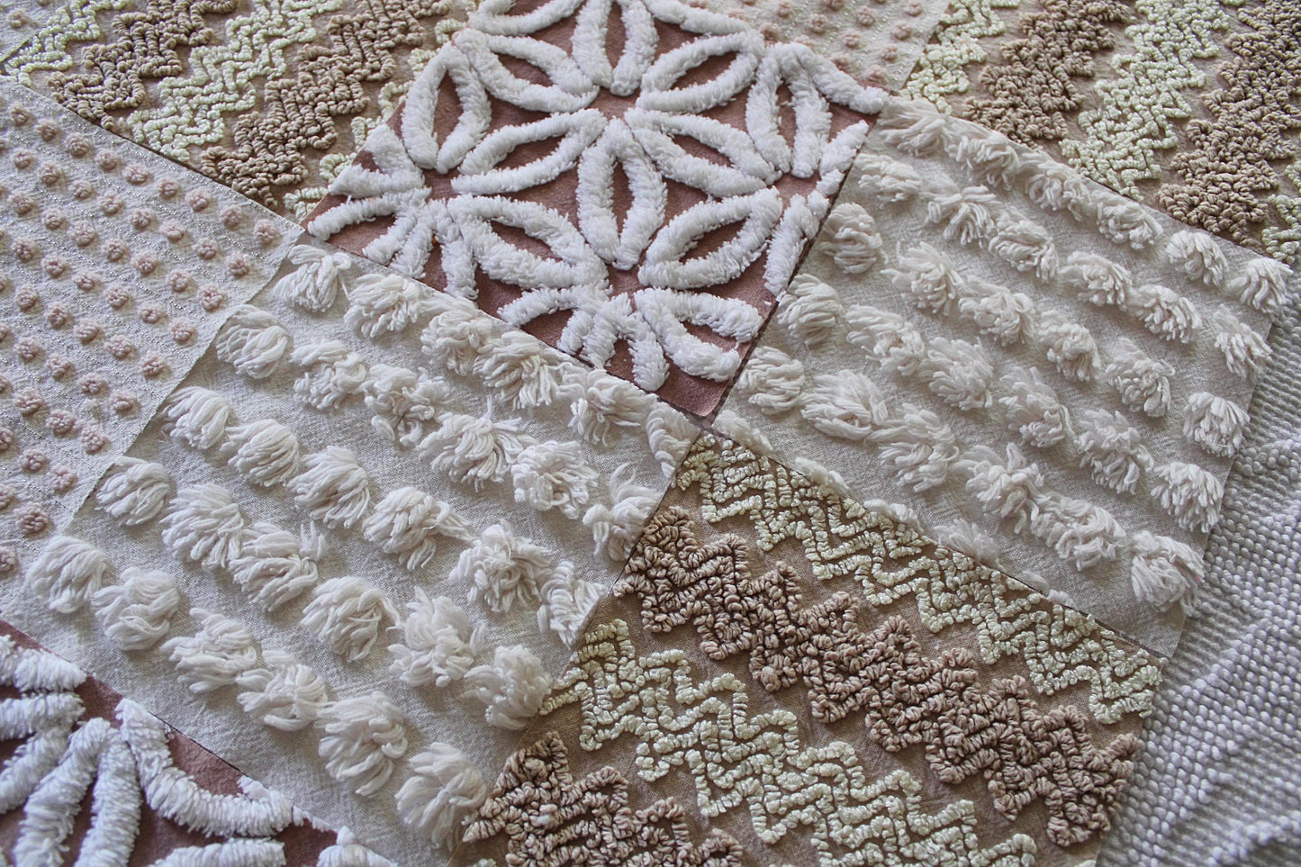 creamy vanilla mocha chenille fabric squares, set of 16 vintage quilt blocks 6" inches ea, daisy, squiggle, puffy pop texture