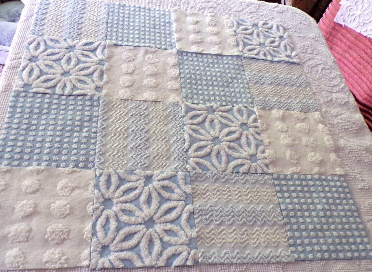 Blue Quilt Squares Set, Rotary Cut from Vintage Chenille Bedspread Fabric, 16 Blocks, 6" x 6" inch