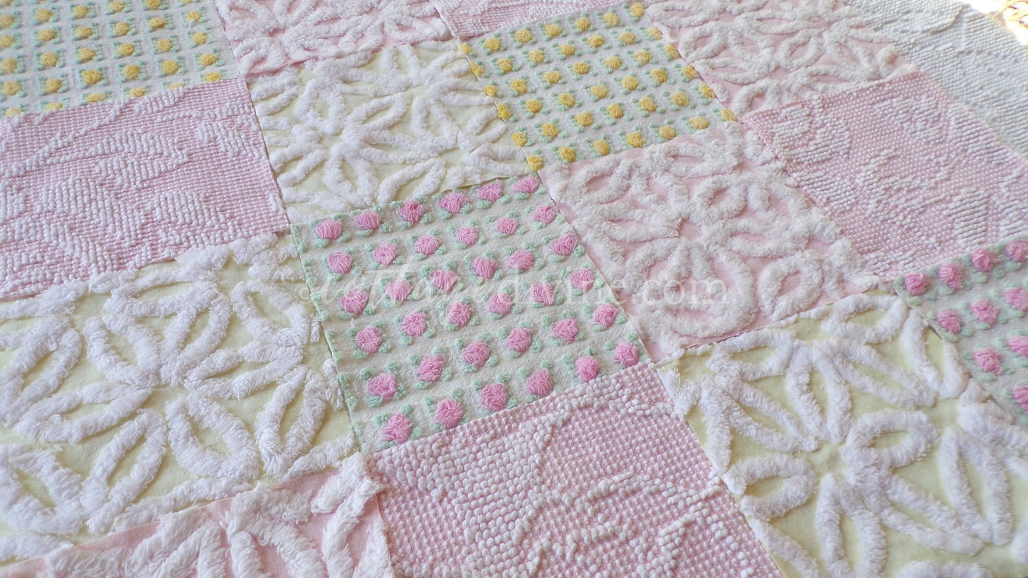 Chenille Fabric Squares Set, "Spring is in the Air", from Vintage Bedspread Fabrics, 16 Quilt Blocks, 6" inch, Cottage Pink, Yellow & White