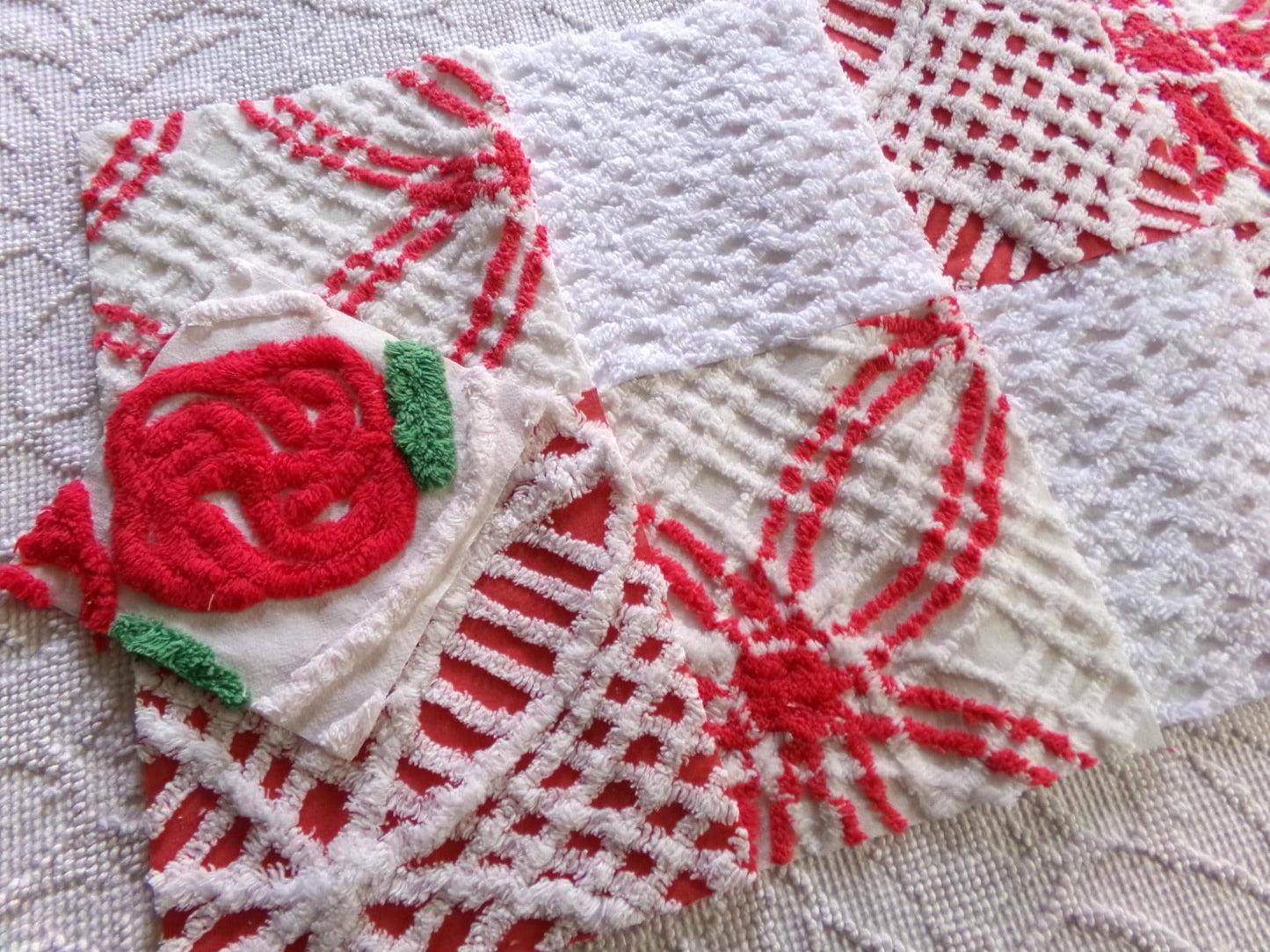 rose red & white chenille fabric squares, 7.5" vintage quilt blocks, set of 8 for sewing, Christmas crafts, quilting