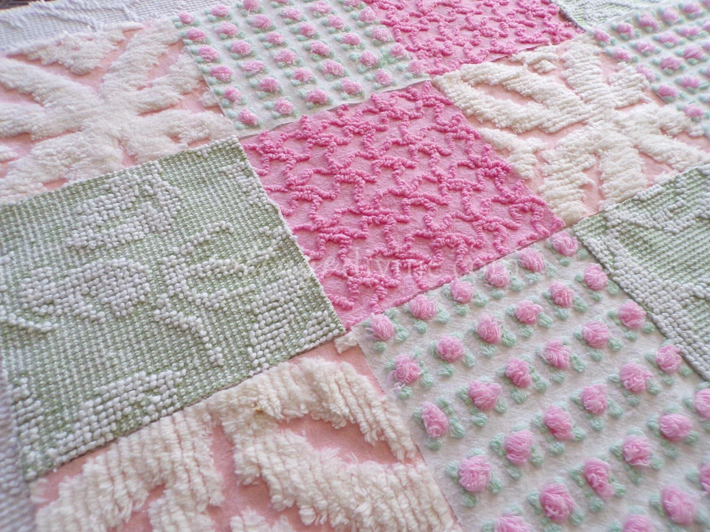 Spring Medley Vintage Quilt Squares Set from Chenille Bedspread Fabrics, 6" Blocks, Qty 16
