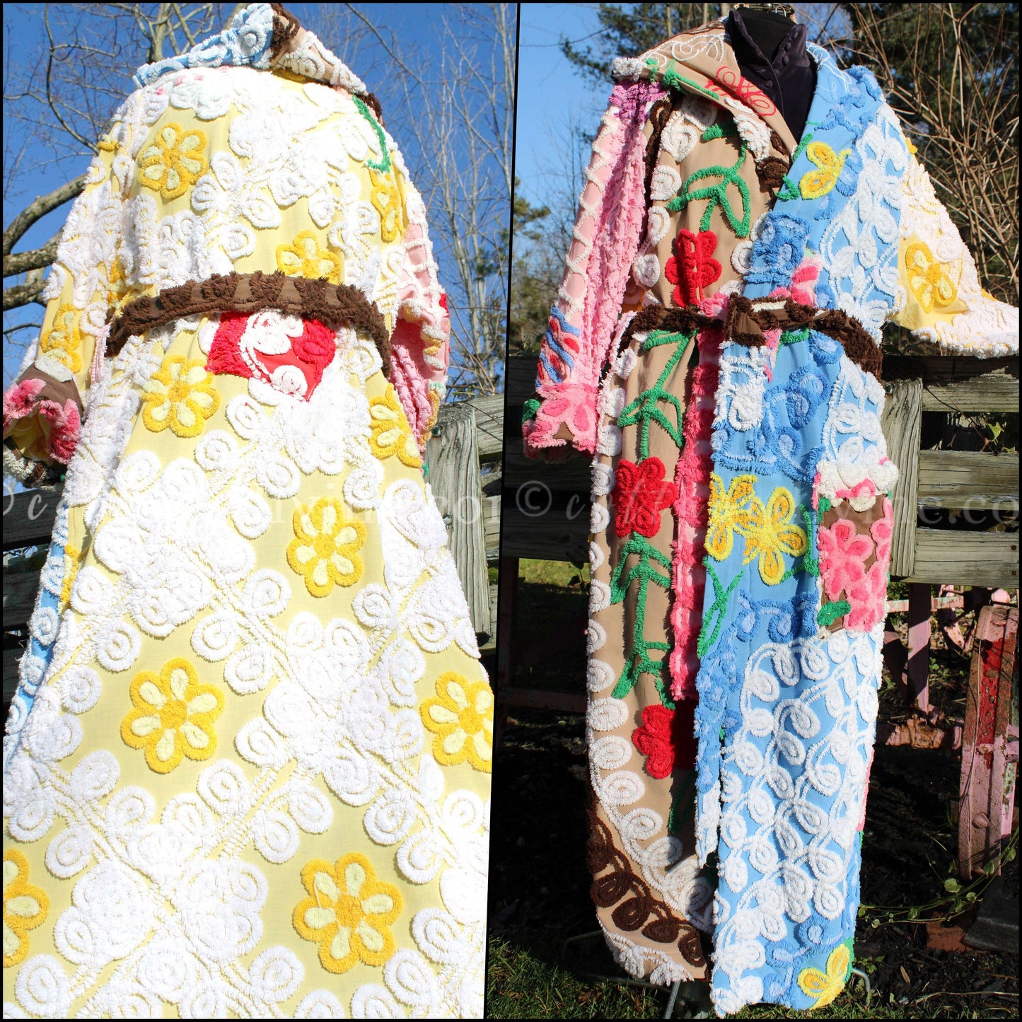 Shabby Patchwork Vintage Chenille Robe, Ladies M/L HOODED Bathrobe, Upcycled Art to Wear