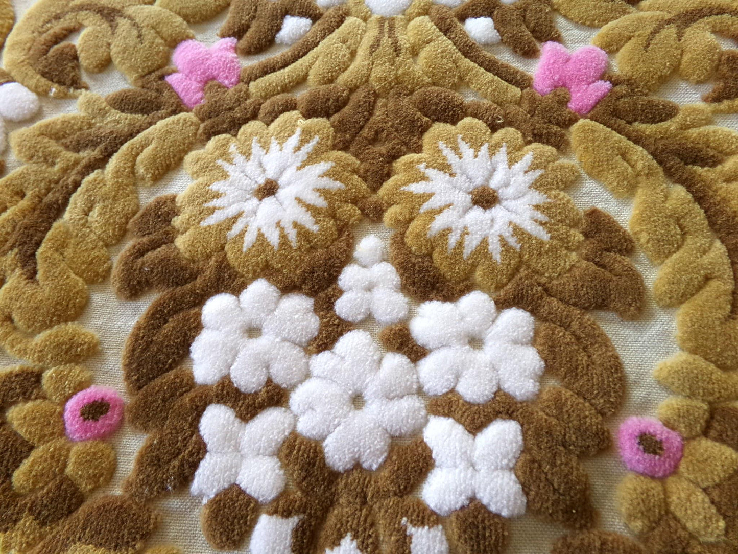 lux caramel chocolate cut velvet fabric, vintage Bates tapestry chenille, 12" x 21" inch piece, ideal sewing material for small bags