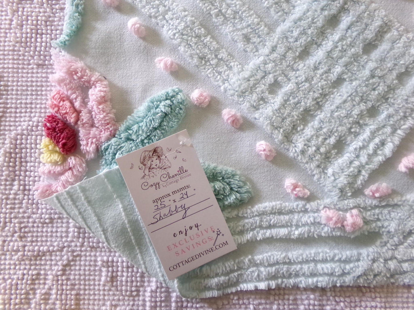 Rose Aqua Mist Vintage Chenille Fabric, 25" x 24" Piece, 100% Lightweight Cotton, Lovely Simple Floral Geometric Design