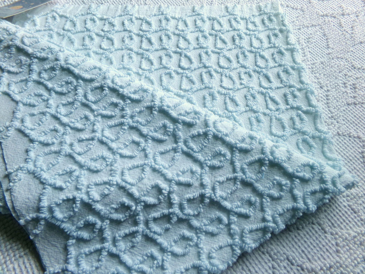 blue curly loops vintage chenille fabric, texturized unique needletuft pattern, 18" x 24" piece for quilts, fiber arts, sewing