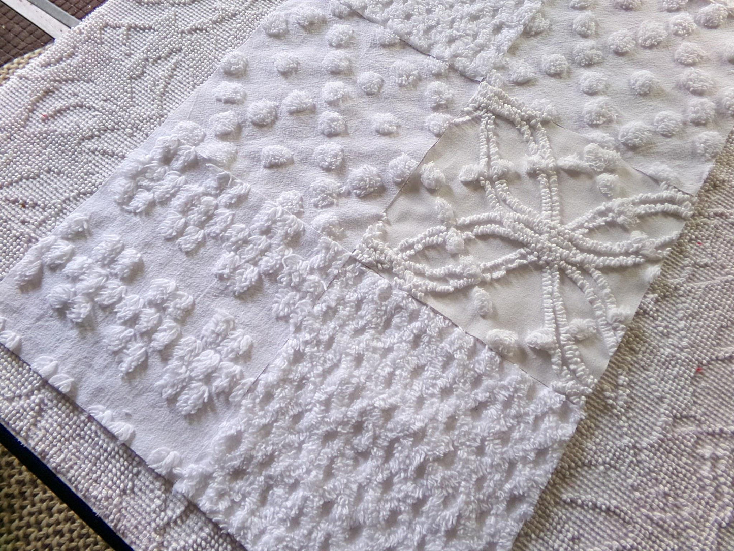 farmhouse style white chenille fabric squares, 7.5" vintage quilt blocks, set of 8 for sewing, crafts & quilting