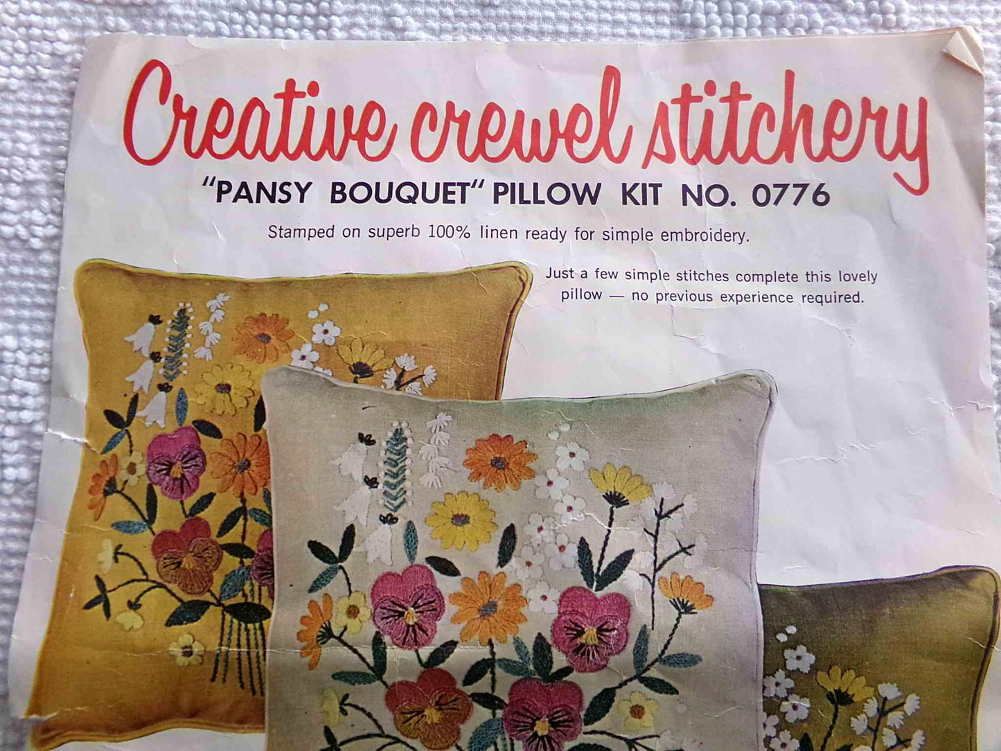 PANSY BOUQUET Pillow Kit by Paragon Creative Stitchery #0776 in Harvest GOLD, Vintage Hippie 1970s Crewel Embroidery, 14" x 14" Square Size