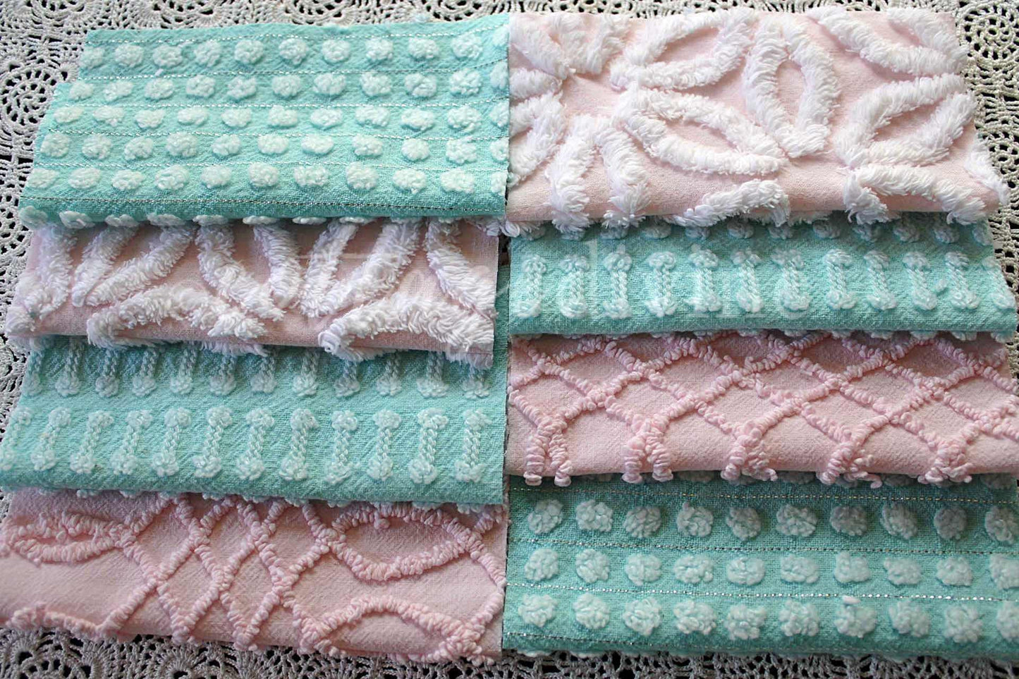 Pink & Aqua Chenille Quilt Squares Set, Rotary Cut from Vintage Chenille Bedspread Fabric, 16 Blocks, 6" x 6" inch each