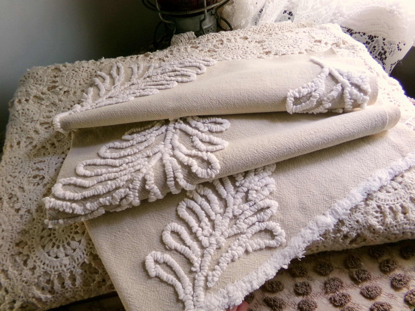 falling leaves vintage chenille fabric, 24" x 21" inch piece, simple shabby needletuft large leaf design on mocha