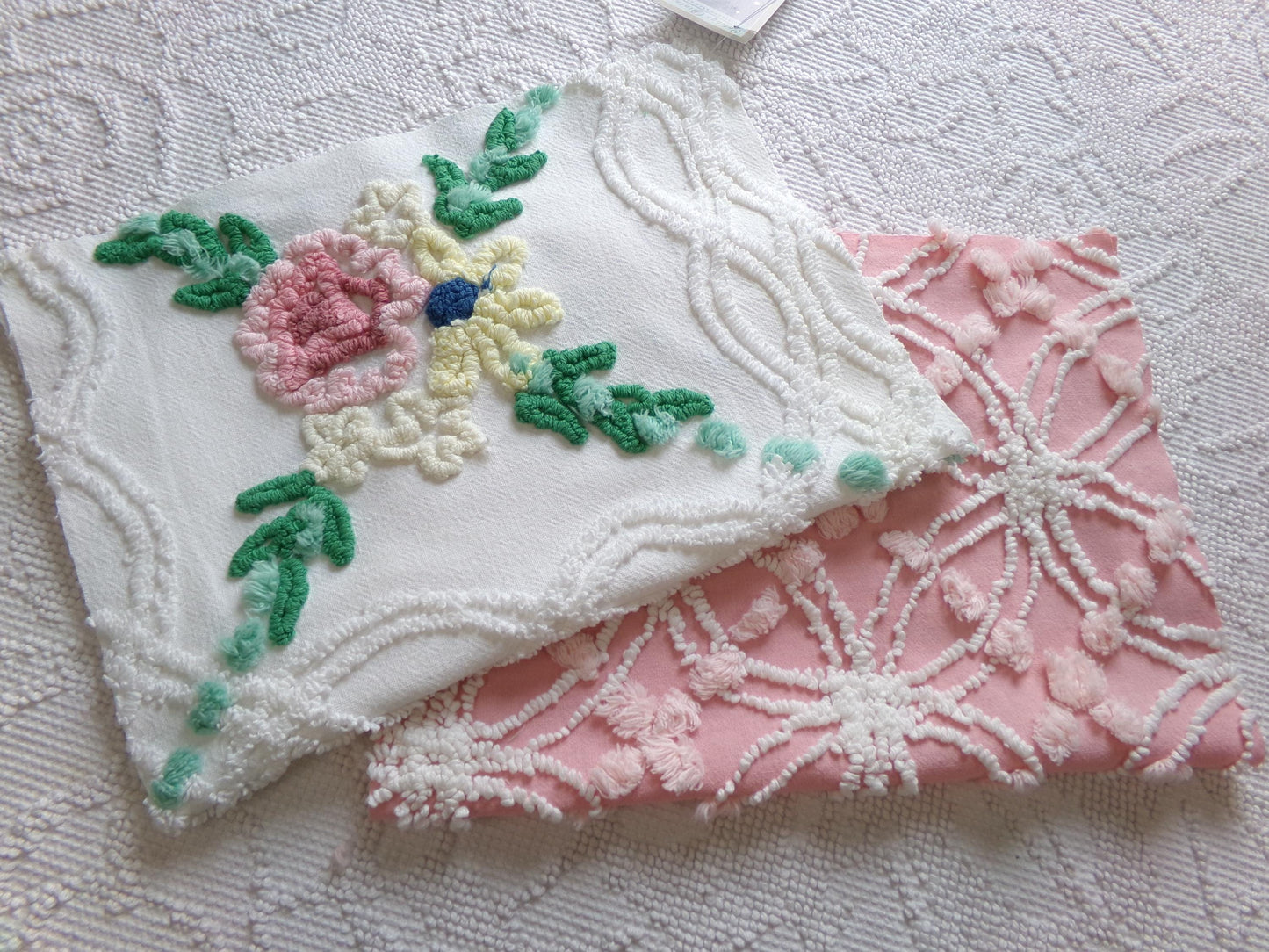 Cottage Style Vintage Chenille Fabric Bundle for Sewing, Quilting in Pink Floral, White & Green | 2 Pieces 12" x 18" each