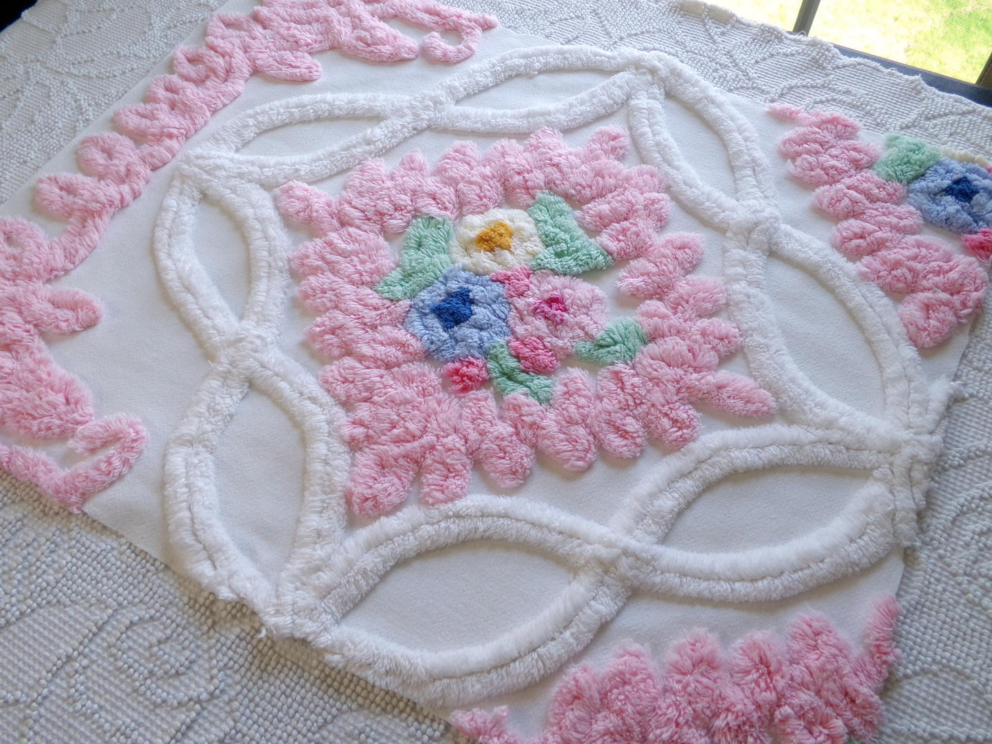 heavenly cottage chic vintage chenille fabric, heavy tufted frosted wedding cake floral 17" x 23" inch piece of pink & white sewing material